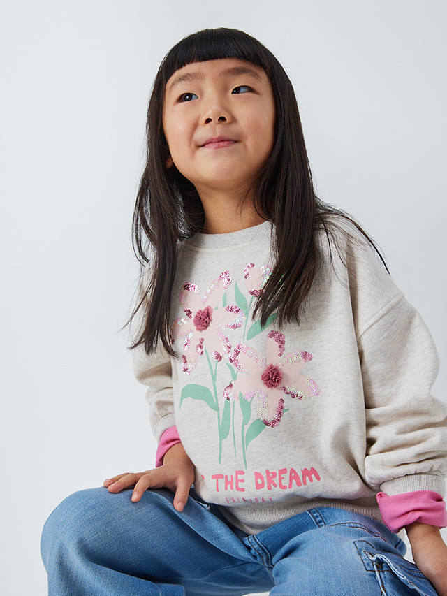 John Lewis Kids' Live The Dream Sequin Flowers Sweatshirt, Marl Grey