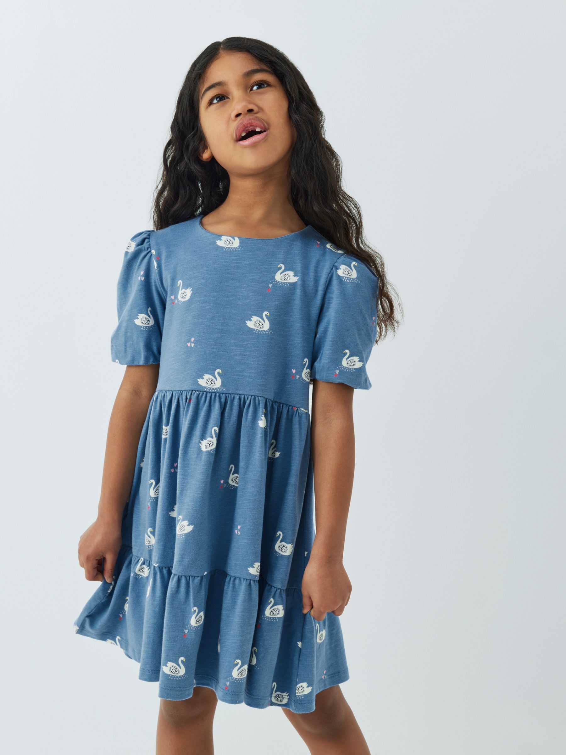 John Lewis Kids' Swan Print Smock Dress, Blue at John Lewis & Partners
