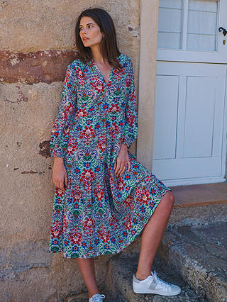 NRBY Genevieve Ikat Print Cotton Blend Midi Dress, Multi