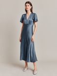 Ghost Grace Bias Cut Satin Midi Dress, Blue Mirage