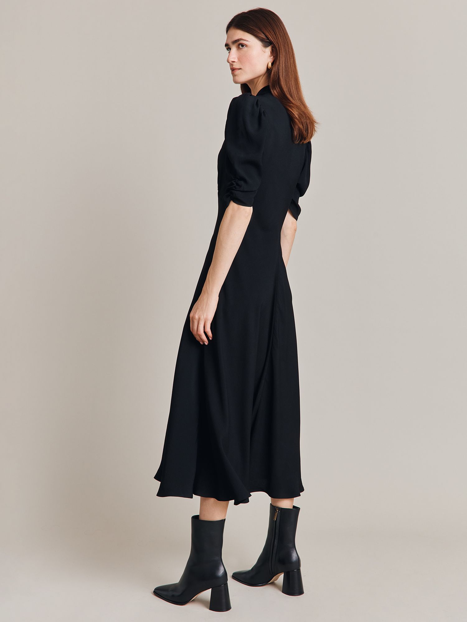 Ghost Madi Puff Sleeve Midi Dress, Black at John Lewis & Partners