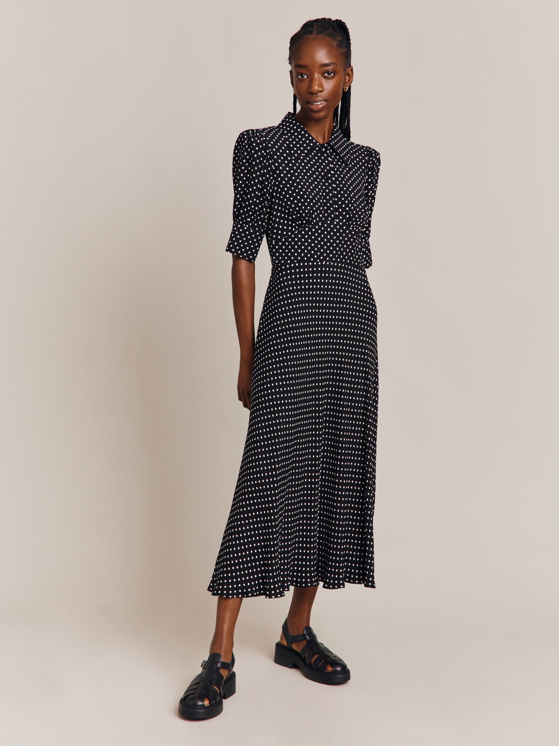 Ghost Wilma Crepe Spot Midi Dress, Black/White at John Lewis & Partners