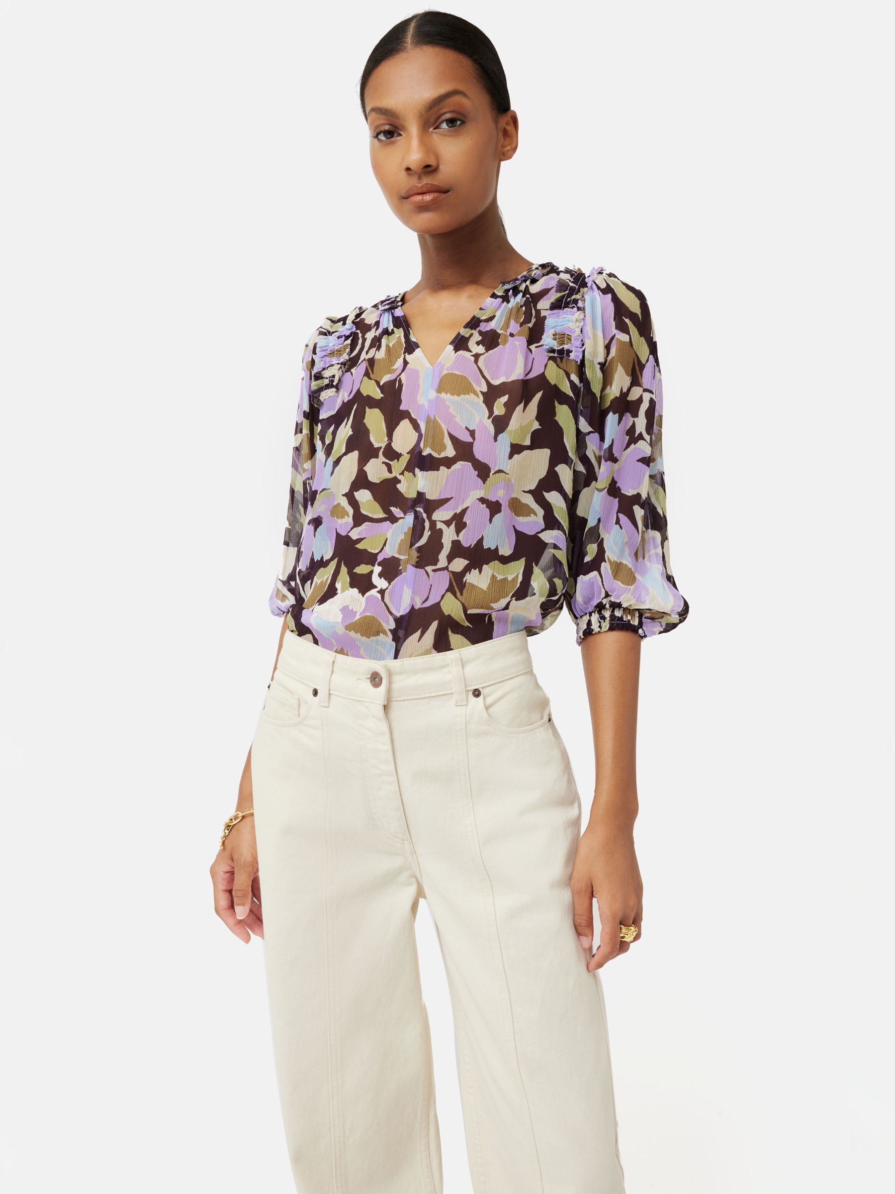 Jigsaw Graphic Pansy Crinkle Top, Lilac/Multi at John Lewis & Partners