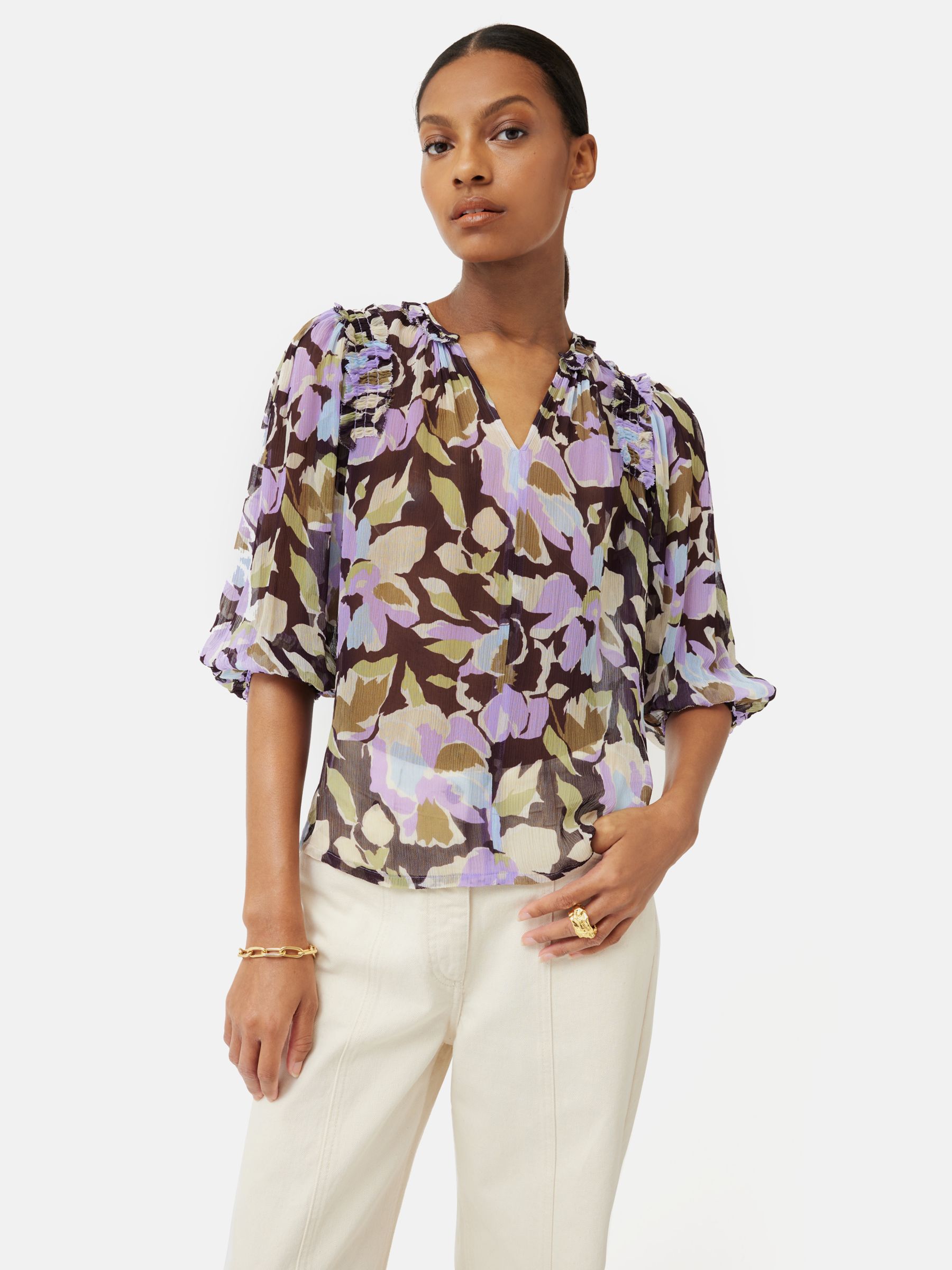 Jigsaw Graphic Pansy Crinkle Top, Lilac/Multi at John Lewis & Partners