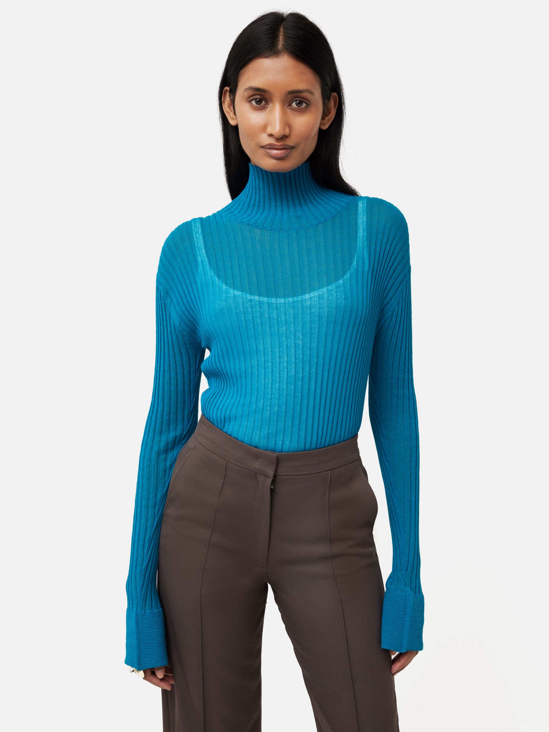 Jigsaw Fluted Sleeve Plisse Knit Top, Blue at John Lewis & Partners