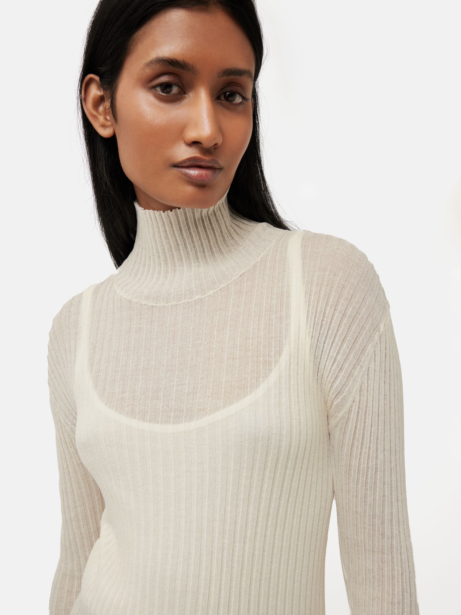 Jigsaw Fluted Sleeve Plisse Knit Top, Cream at John Lewis & Partners