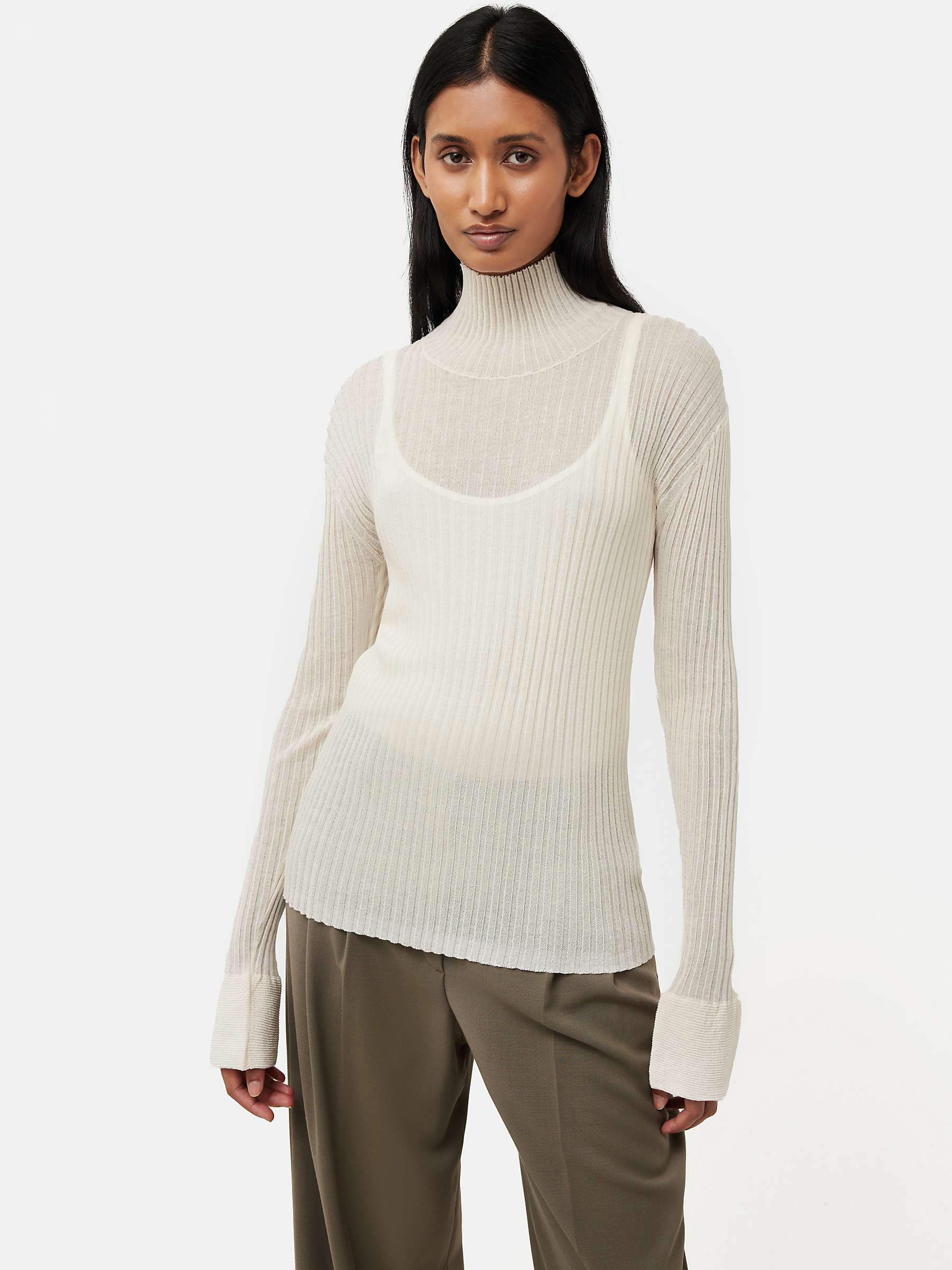 Jigsaw Fluted Sleeve Plisse Knit Top, Cream at John Lewis & Partners