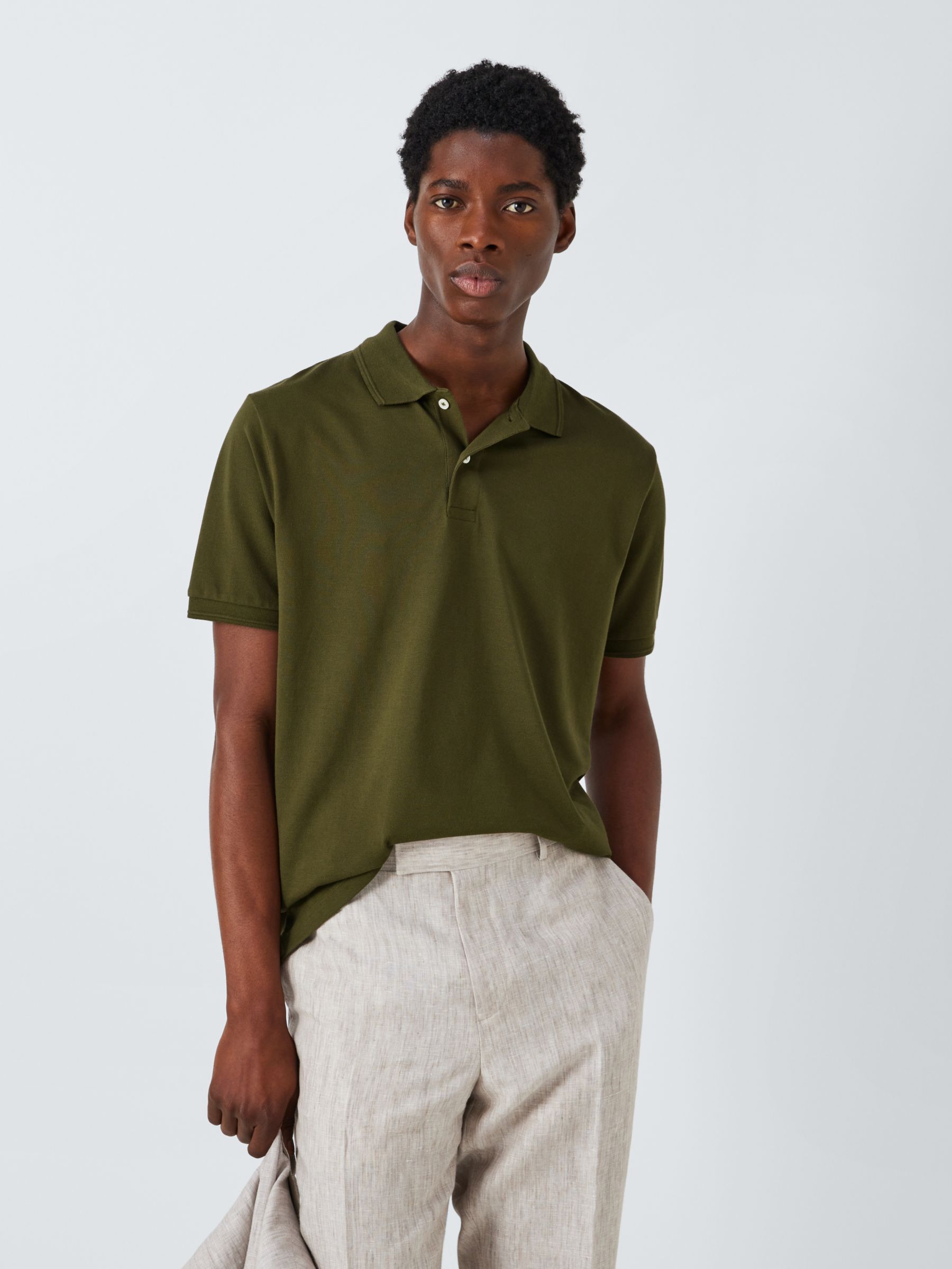 John Lewis Supima Cotton Jersey Polo Shirt, Khaki, S
