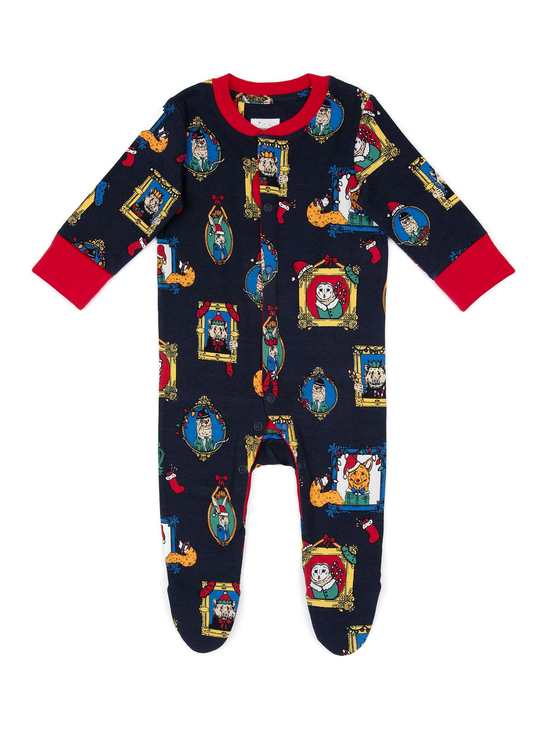 Buy Chelsea Peers Baby Organic Cotton Blend Festive Frames Print Sleepsuit, Navy/Multi Online at johnlewis.com