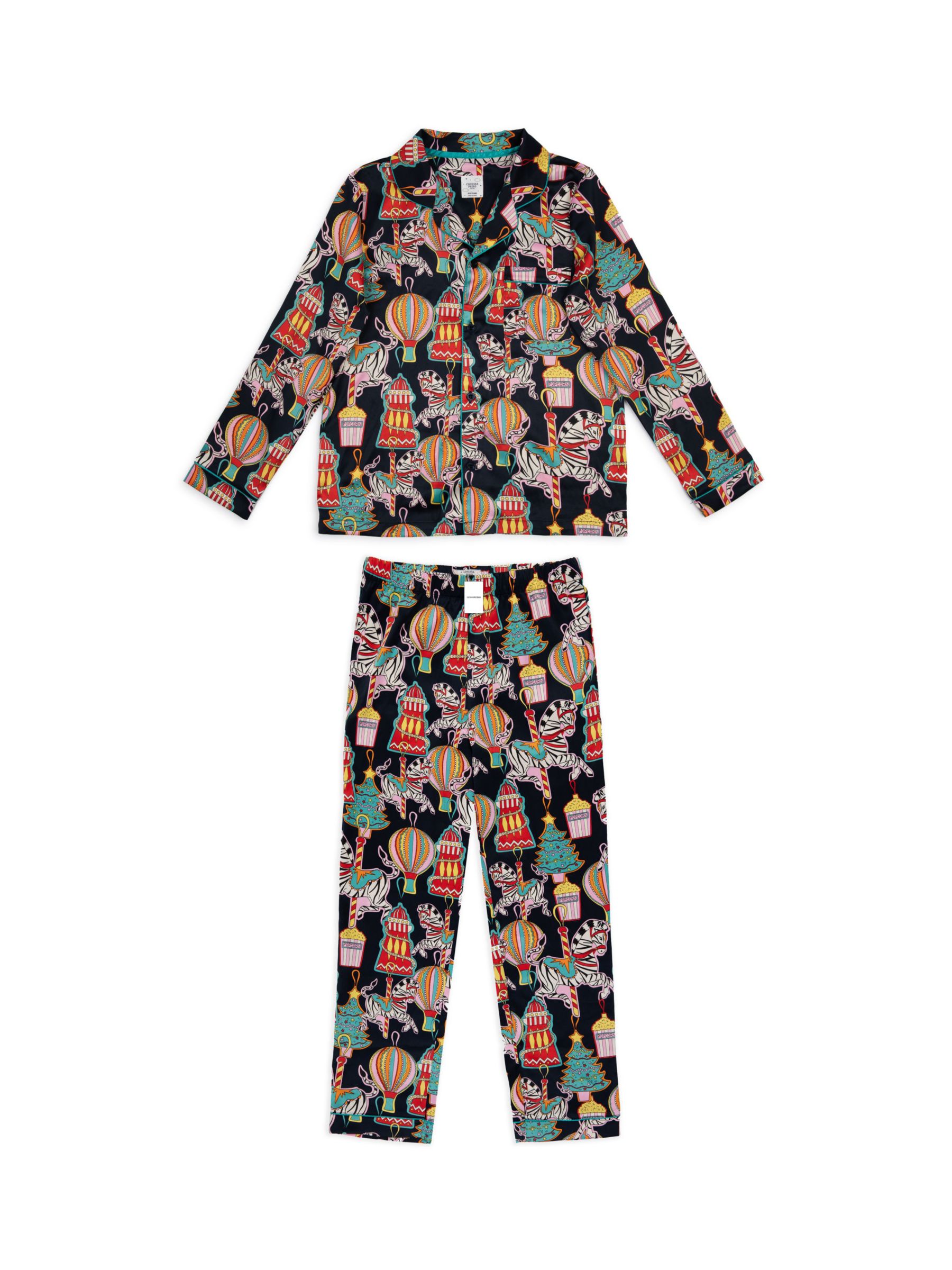 Chelsea Peers Kids' Satin Funfair Print Long Pyjamas Set, Navy