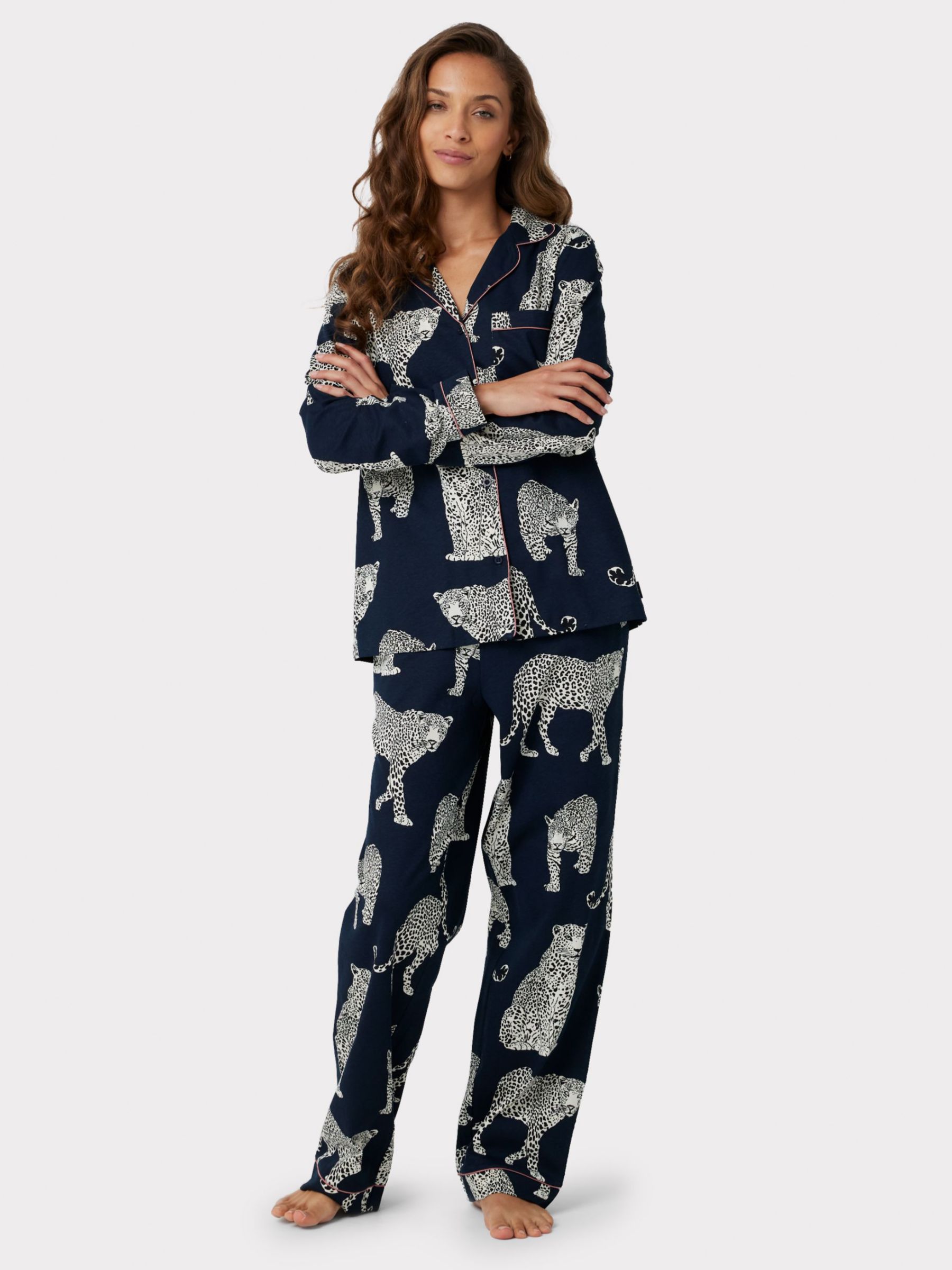 Chelsea Peers Organic Cotton Leopard Print Pyjama Set, Navy at John ...