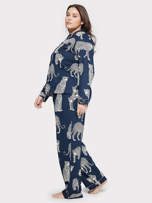 Chelsea Peers Curve Leopard Print Organic Cotton Pyjama Set, Navy at ...