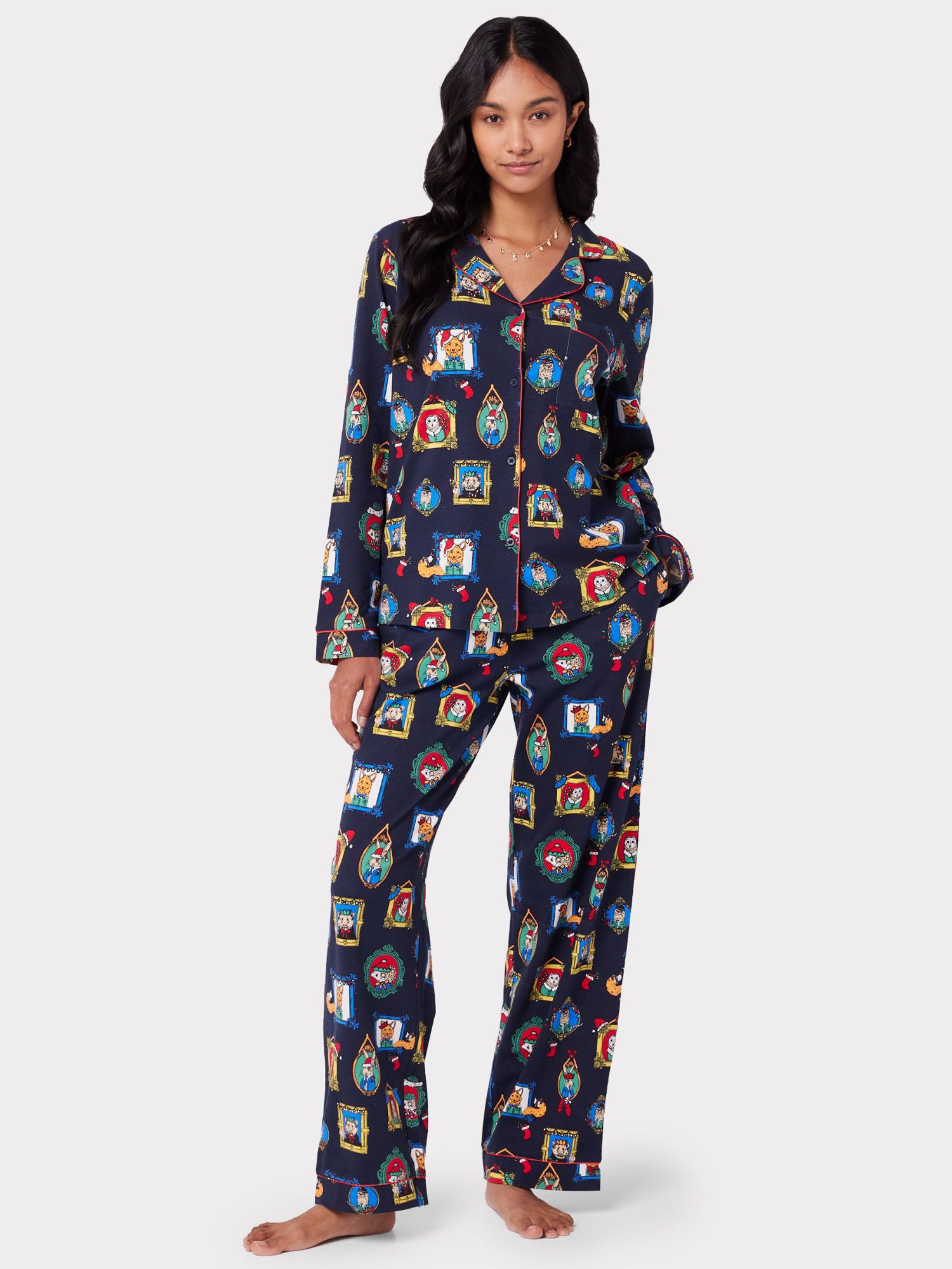 Chelsea Peers Festive Print Organic Cotton Pyjama Set, Navy/Multi at ...