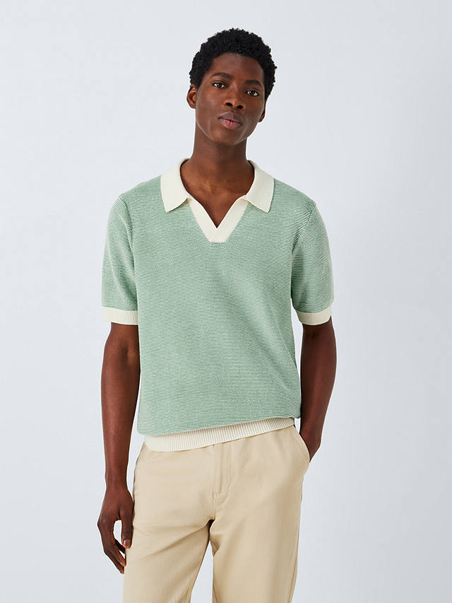 John Lewis Knitted Short Sleeve Polo Shirt, Loden Frost/Ecru