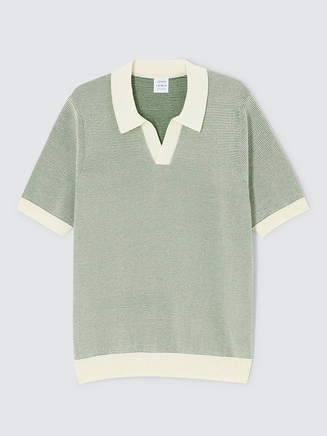 John Lewis Knitted Short Sleeve Polo Shirt, Loden Frost/Ecru