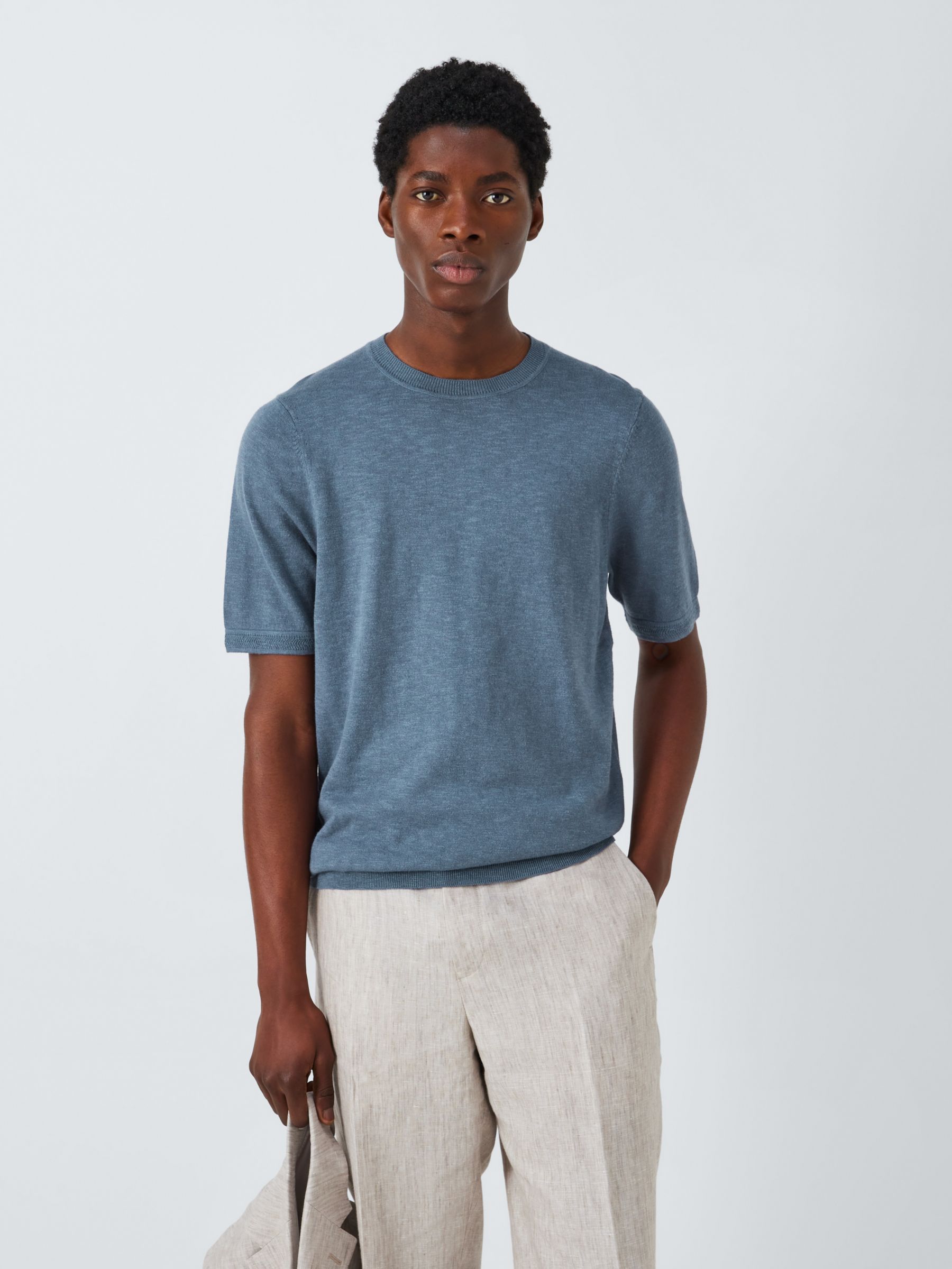 John Lewis Cotton Linen Knit T-Shirt, China Blue, L