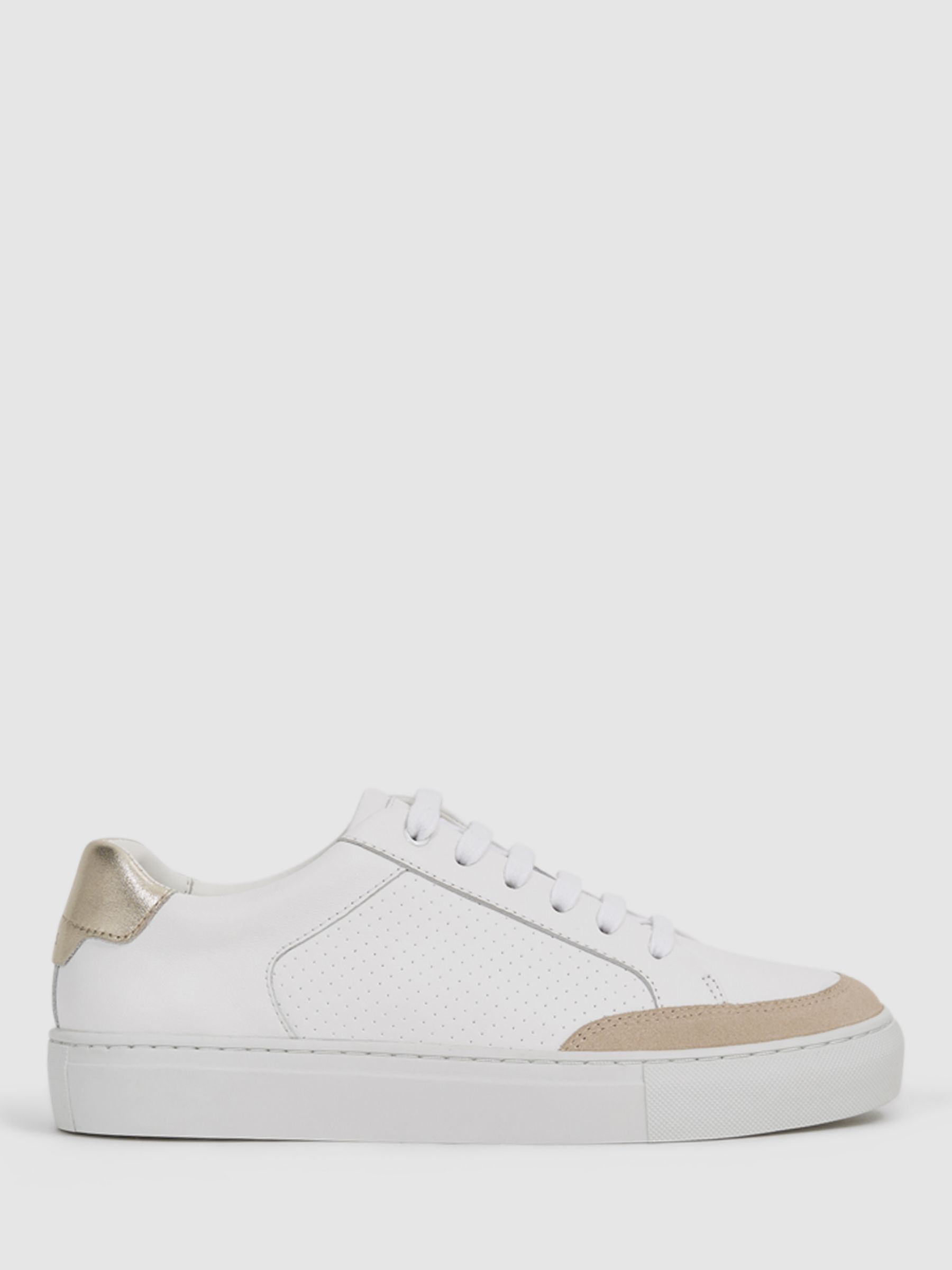 Reiss Ashley Leather and Suede Low Top Trainers, White/Gold