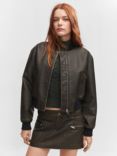 Mango Fantasia Faux Leather Effect Bomber Jacket, Brown, Brown