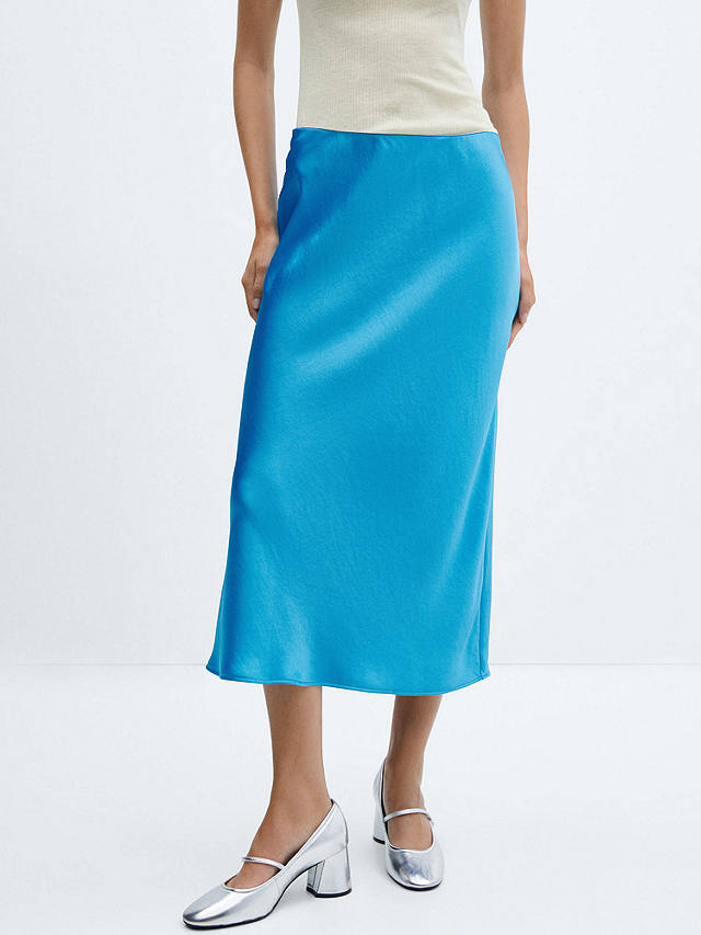 Mango Mia Satin Slip Midi Skirt, Turquoise at John Lewis & Partners