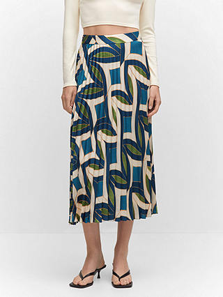 Mango Quanti Geometric Print Pleated Midi Skirt, Medium Blue/Multi