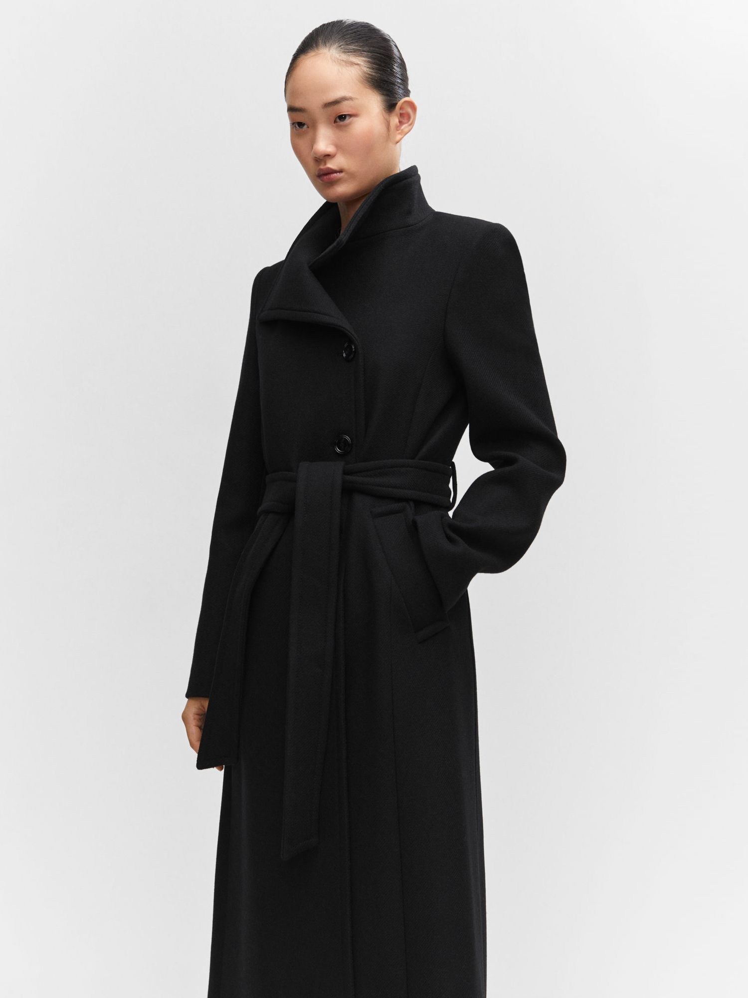 Mango Sirenita Wool Blend Long Belted Coat, Black, XXS