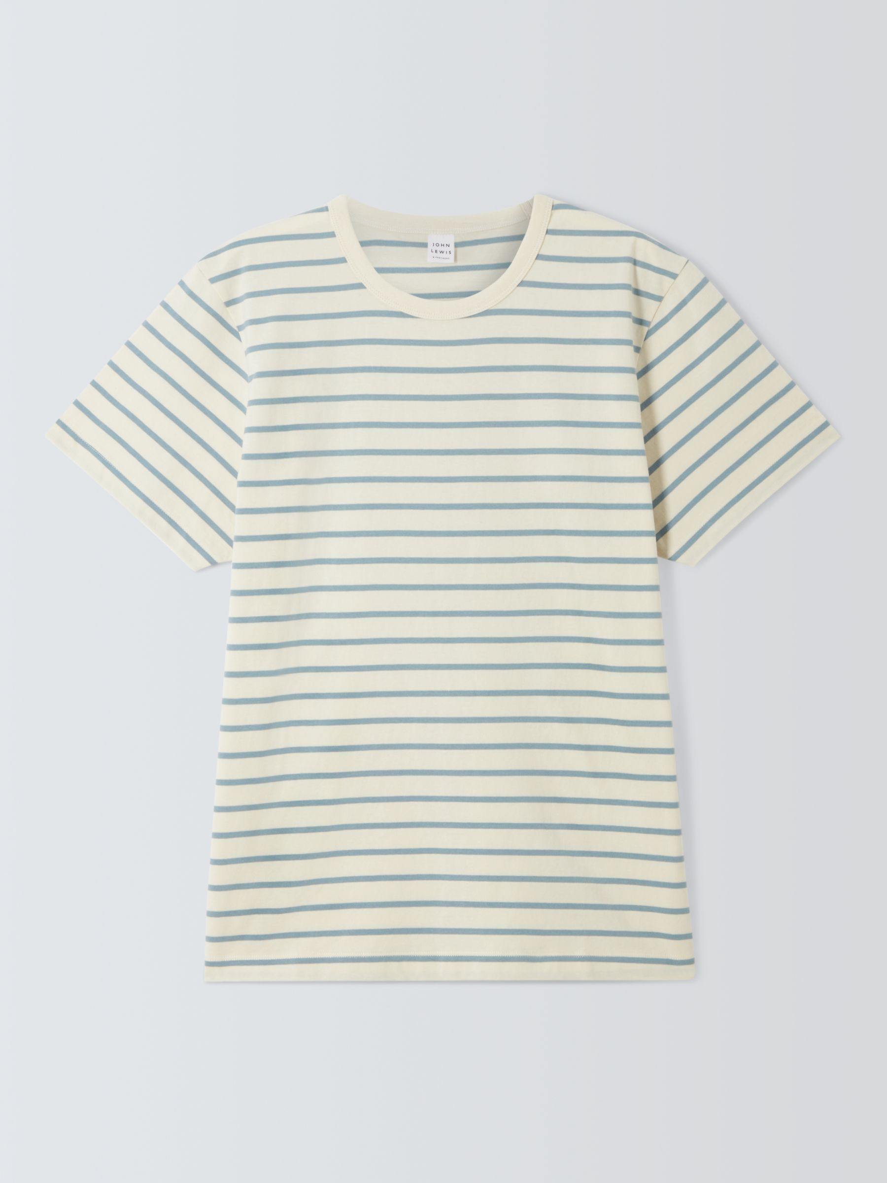 John Lewis Heavyweight Cotton Breton Stripe T Shirt, Ecru/ Ashley Blue, S