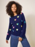 White Stuff Multi Heart Wool Blend Jumper, Navy/Multi