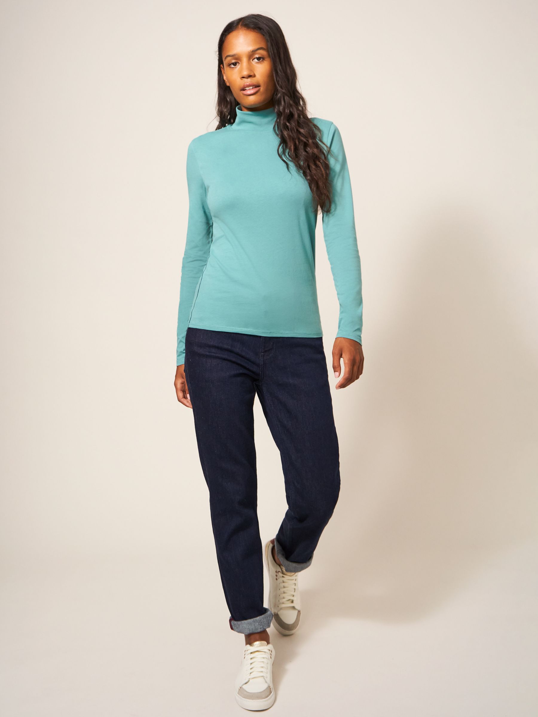 White Stuff Camile High Neck Jersey Top, Light Teal at John Lewis