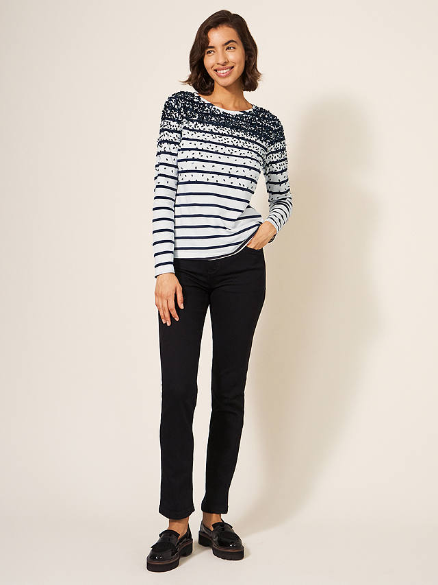 White Stuff Roxy Sequin and Stripe Top, Ivory/Navy