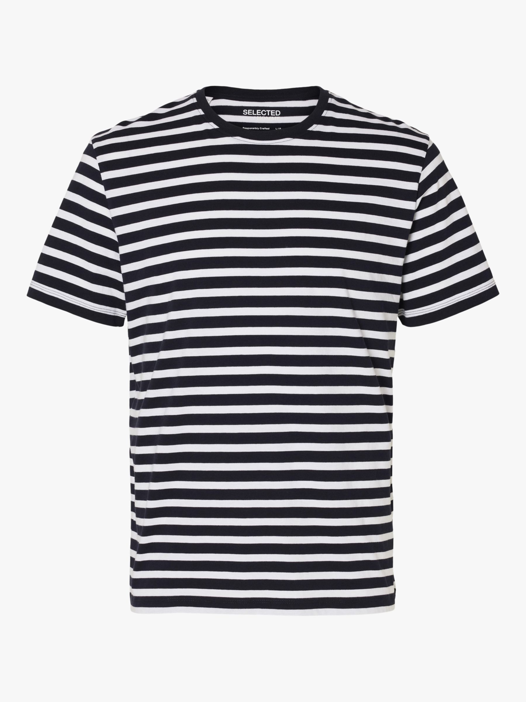 SELECTED HOMME Stripe Organic Cotton T-Shirt, Navy Blazer at John Lewis ...