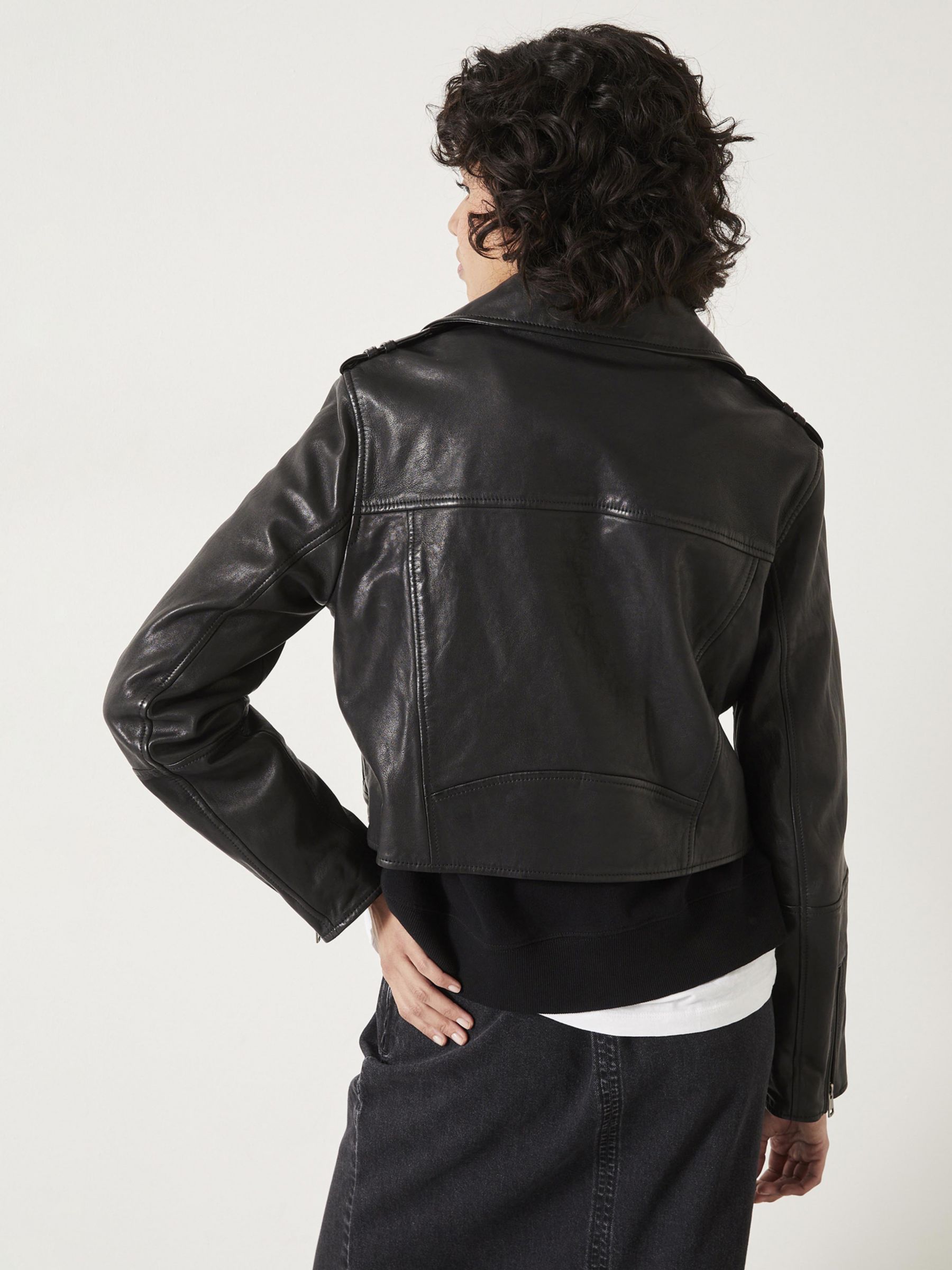 Buy HUSH Jet Cropped Leather Biker Jacket, Black Online at johnlewis.com