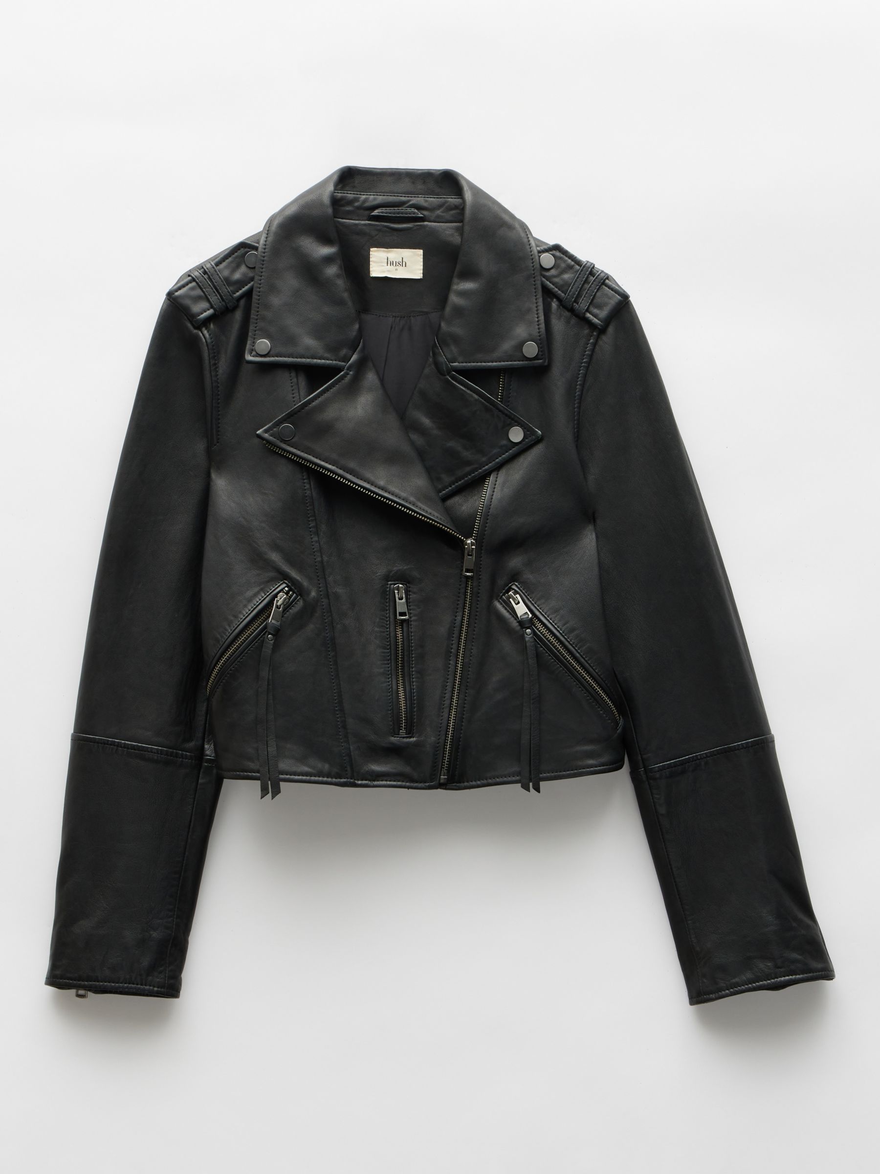 HUSH Jet Cropped Leather Biker Jacket, Black at John Lewis & Partners
