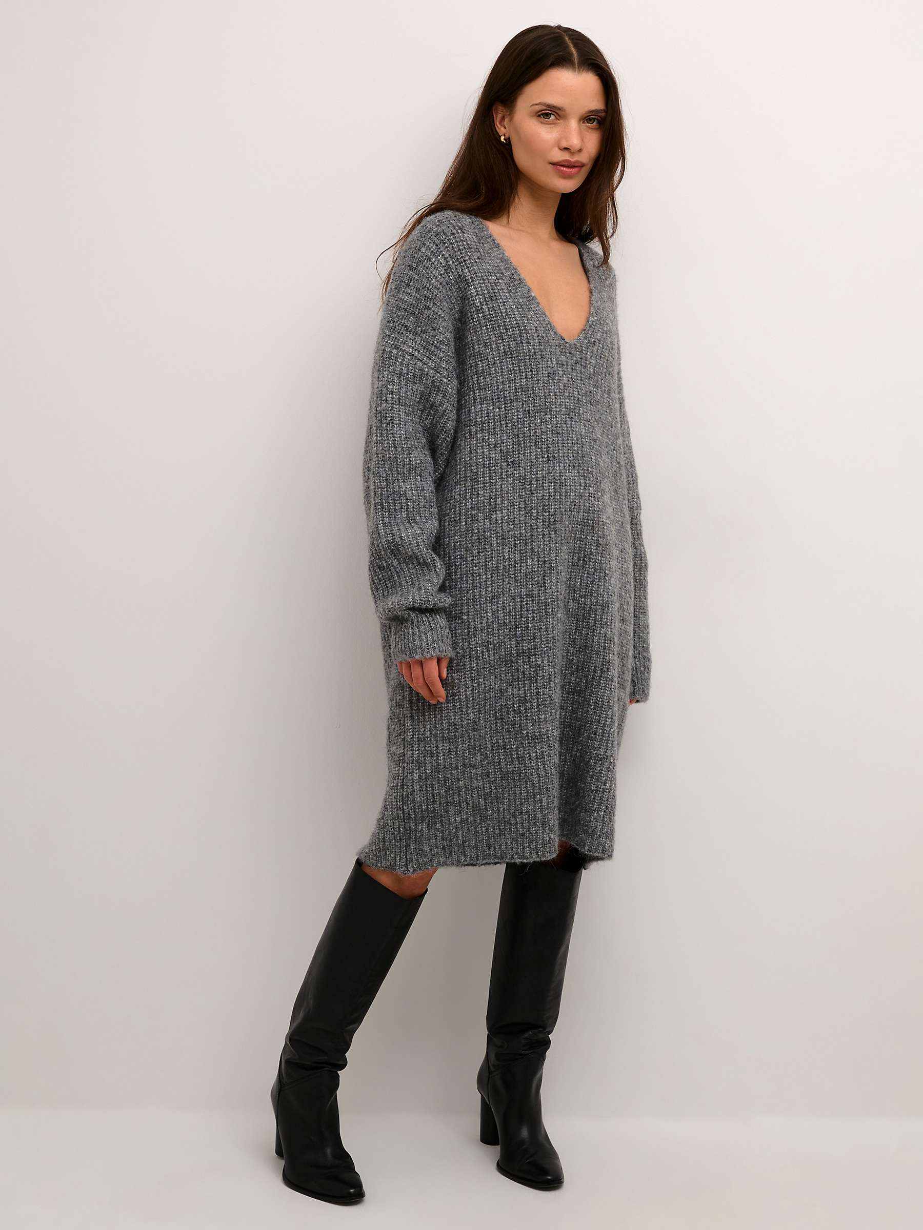 Buy KAFFE Ella Pullover Rib Knit V-Neck Dress, Grey Melange Online at johnlewis.com