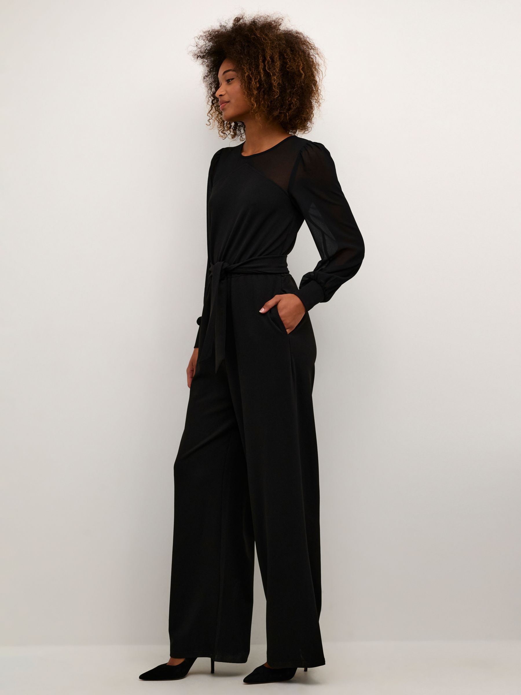 KAFFE Emily Long Sleeve Belted Jumpsuit, Black at John Lewis & Partners