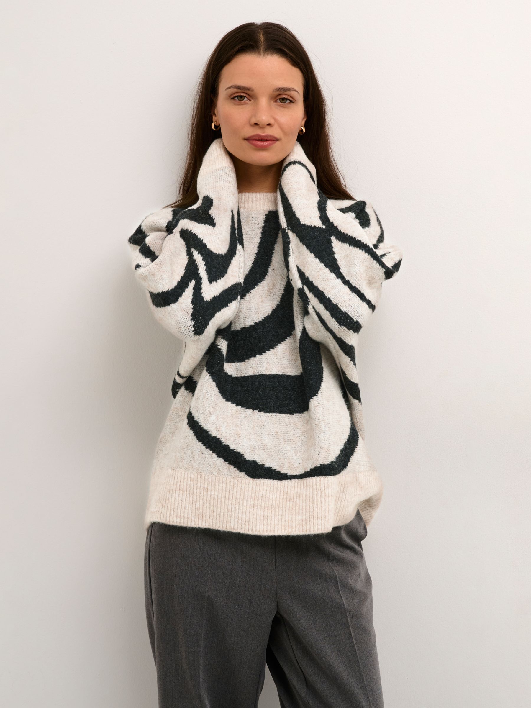 Buy KAFFE Birthe Graphic Knitted Jumper, Light Sand Melange Online at johnlewis.com