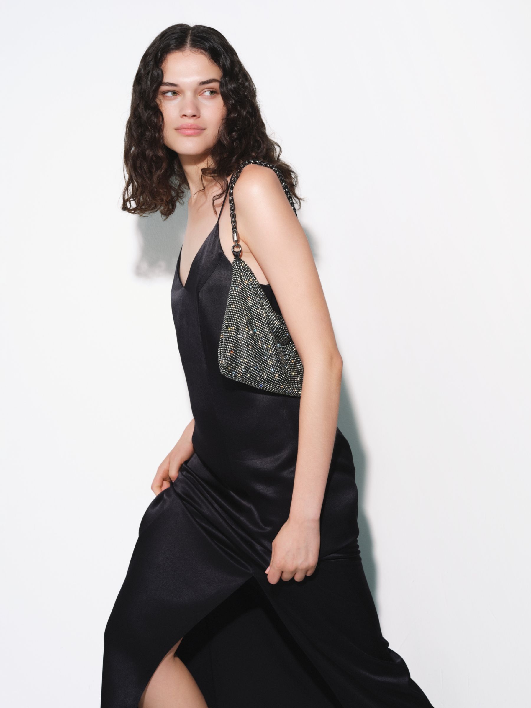 Zara Satin MIDI Dress with Rhinestones Strap, Women's Fashion