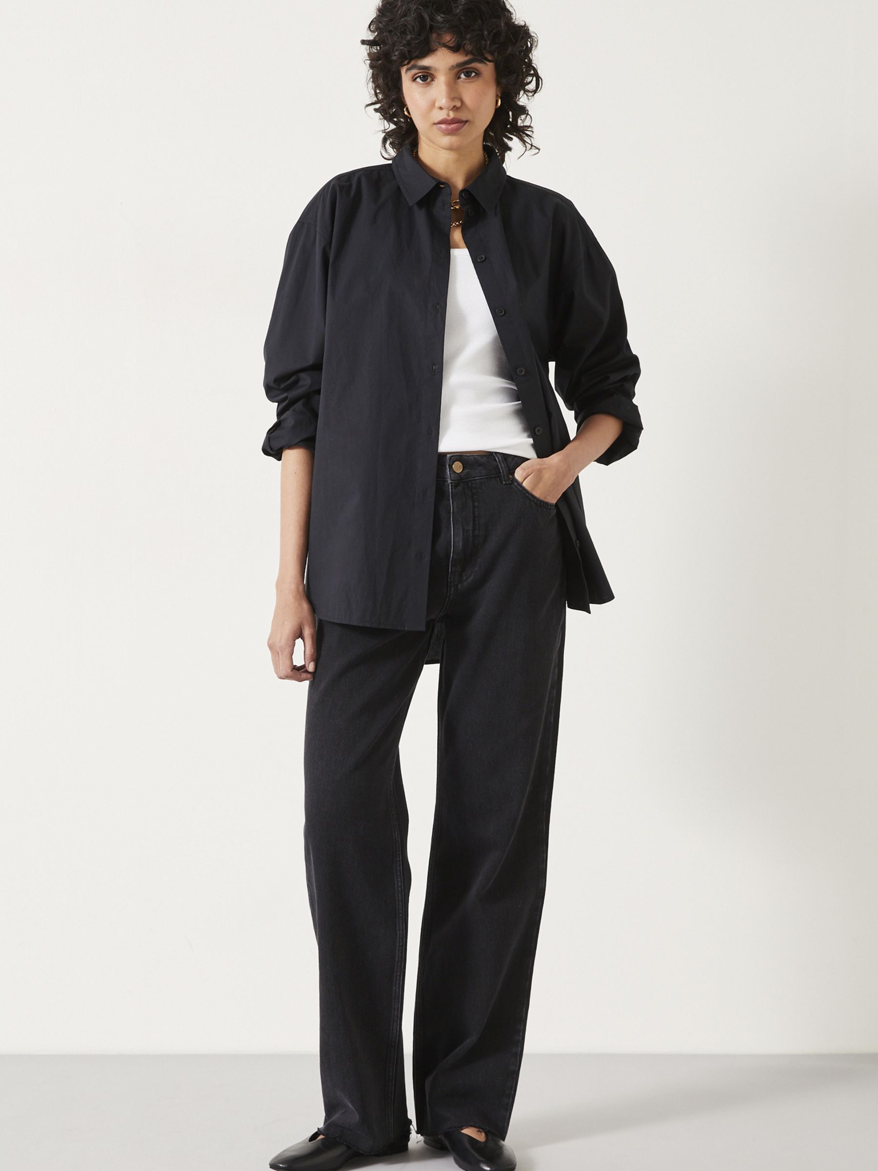 HUSH Pia Oversize Cotton Shirt, Black at John Lewis & Partners