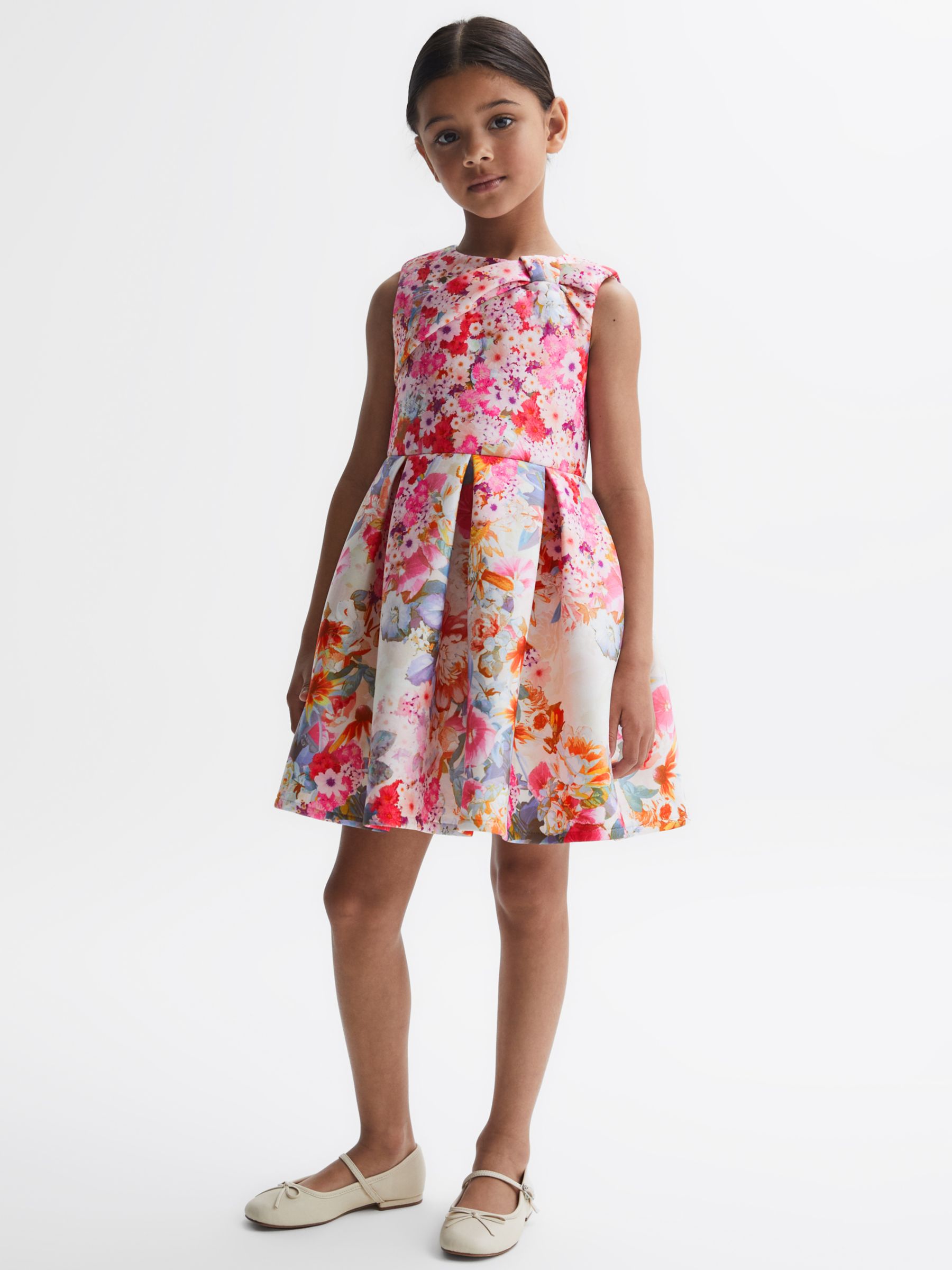 Reiss Kids' Emily Bow Detail Floral Scuba Dress, Orange/Multi at John ...