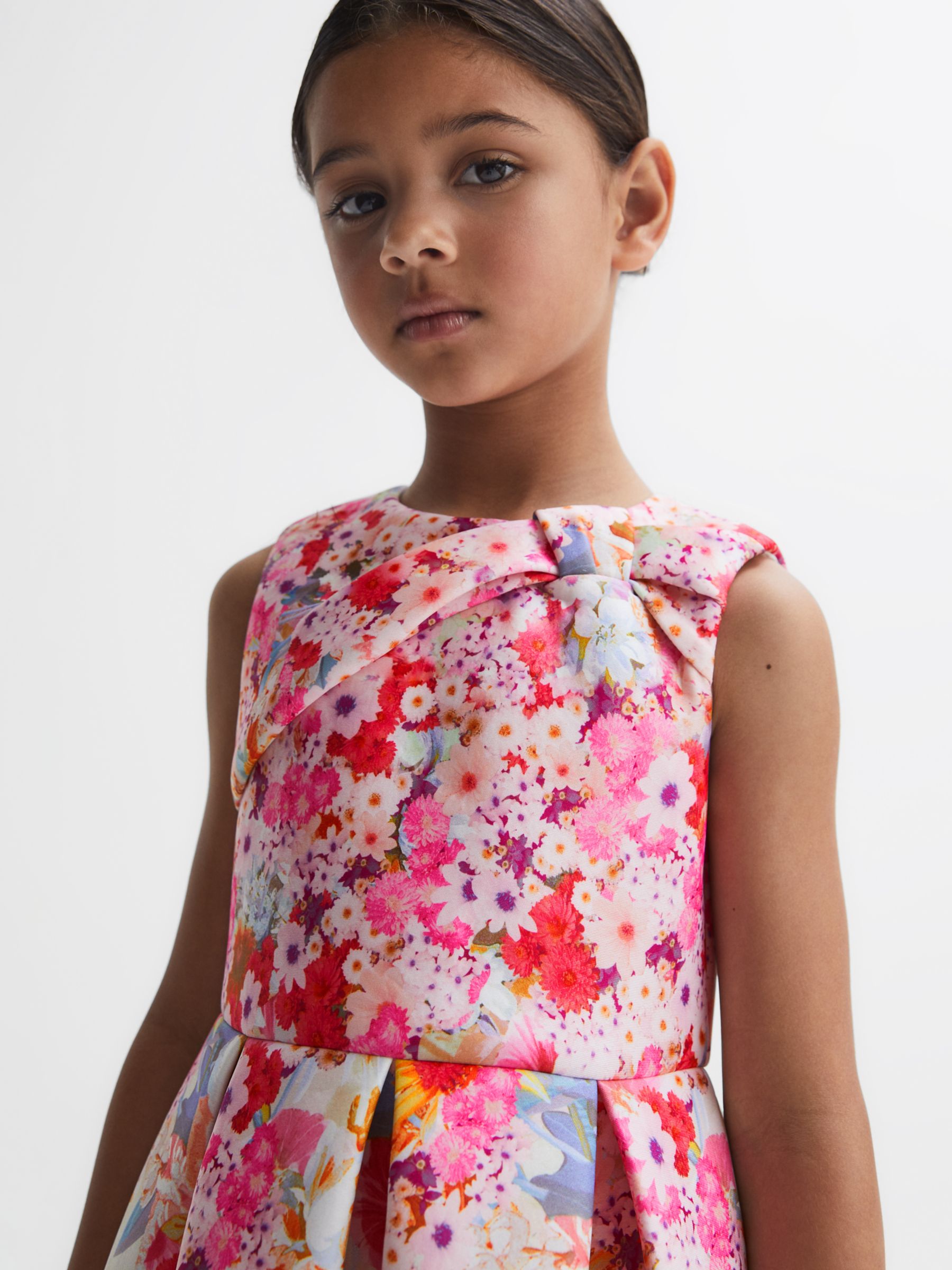 Reiss Kids' Emily Bow Detail Floral Scuba Dress, Orange/Multi, 8-9 years