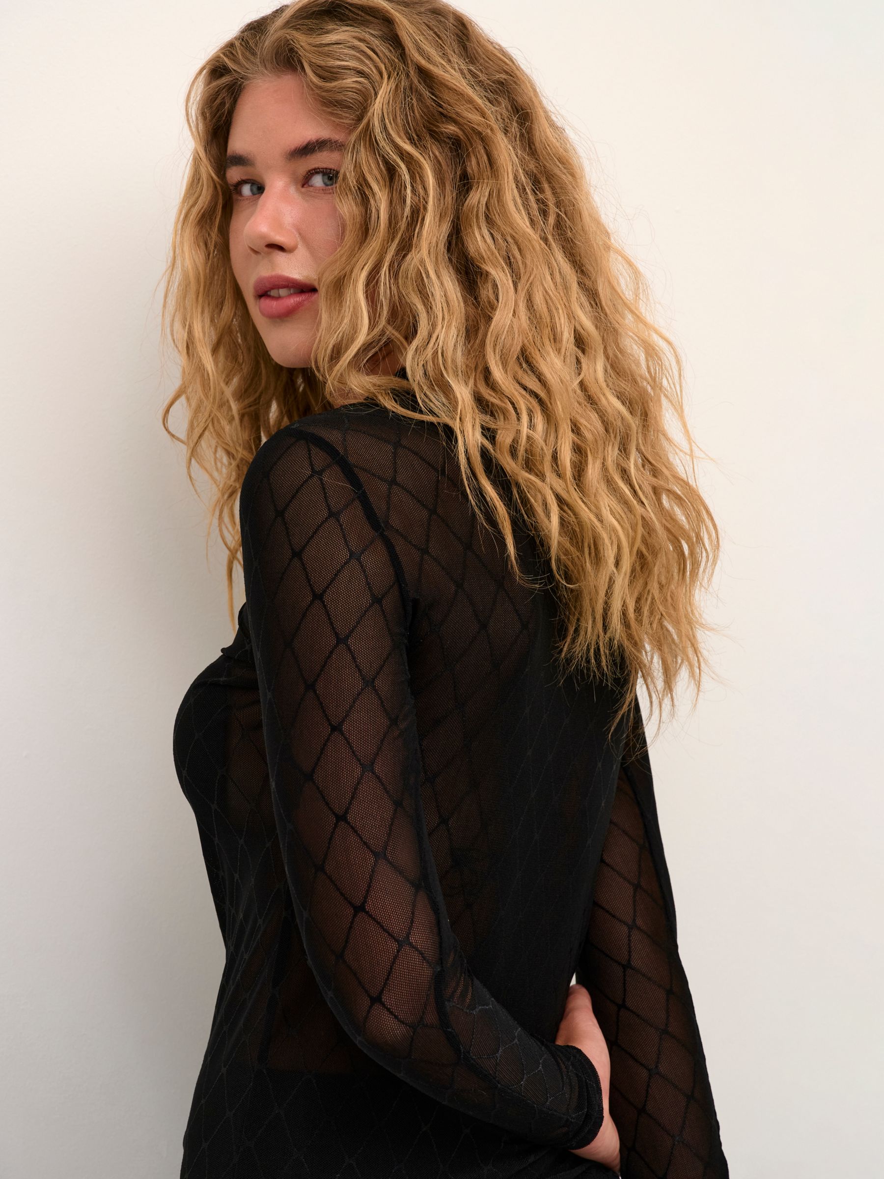 Buy KAFFE Alina Mesh Long Sleeve Top, Black Deep Online at johnlewis.com