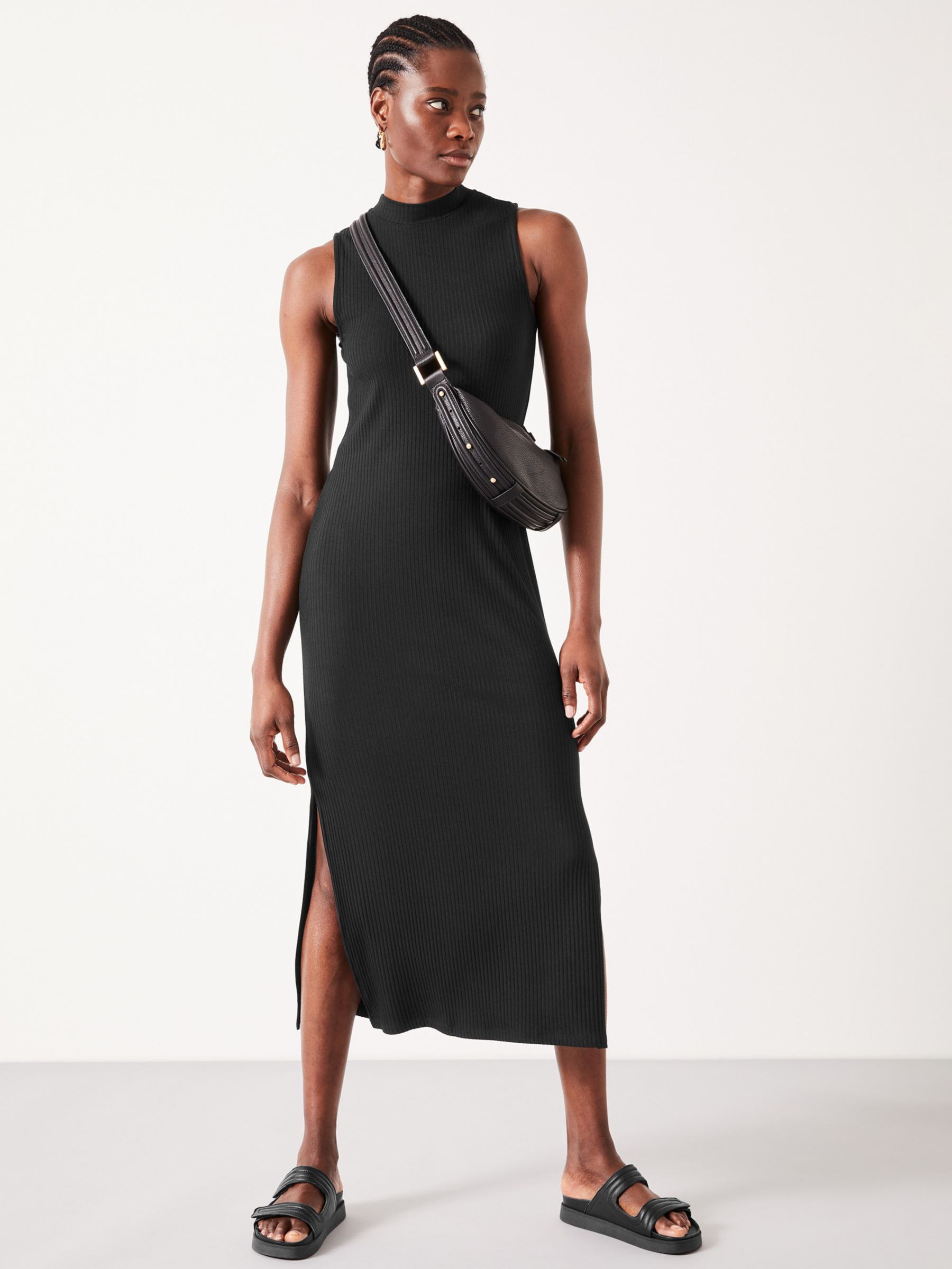 HUSH Alexis Ribbed Jersey Midi Dress, Black at John Lewis & Partners