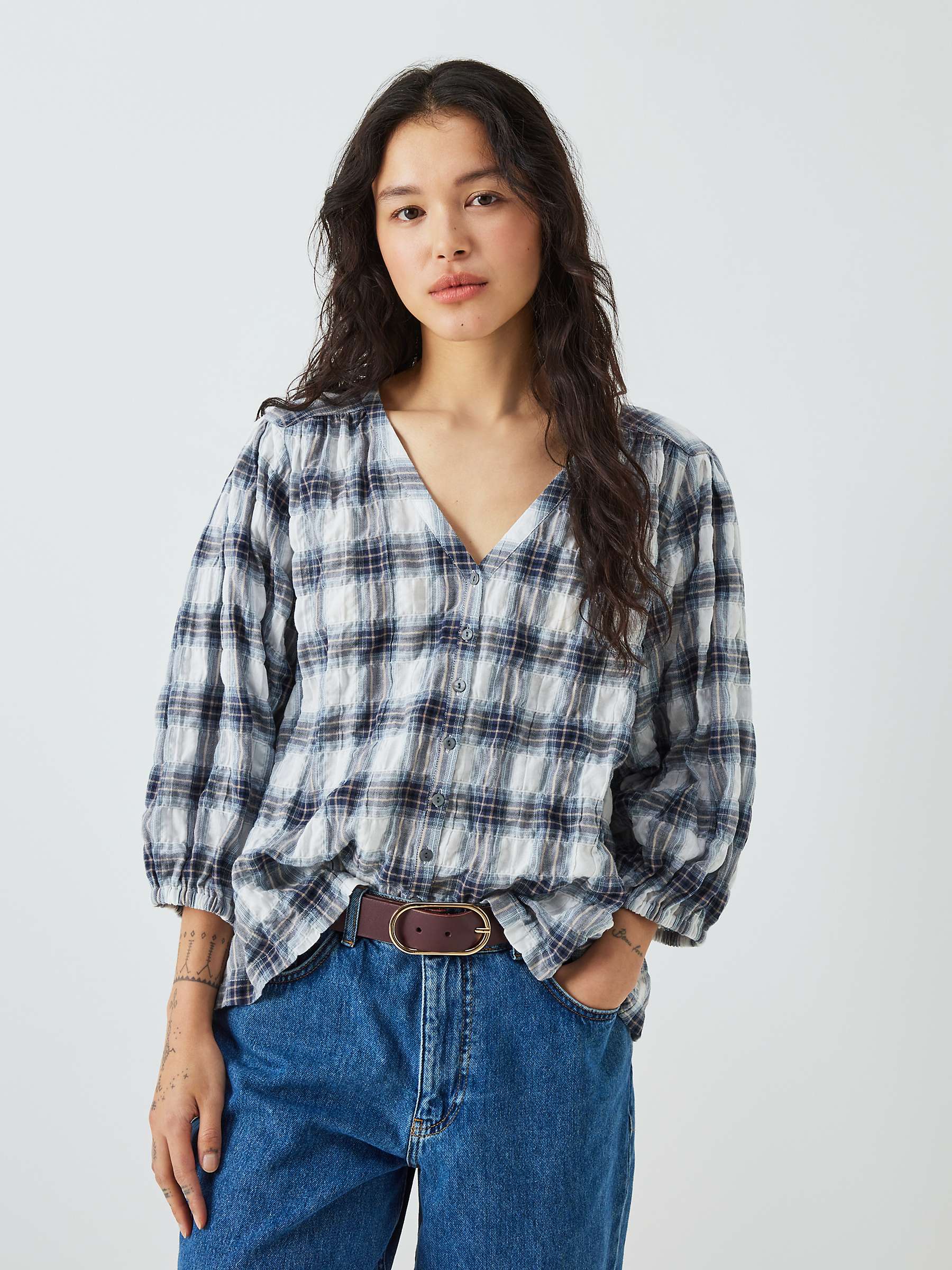 Buy AND/OR Katya Check Blouse, Blue Online at johnlewis.com