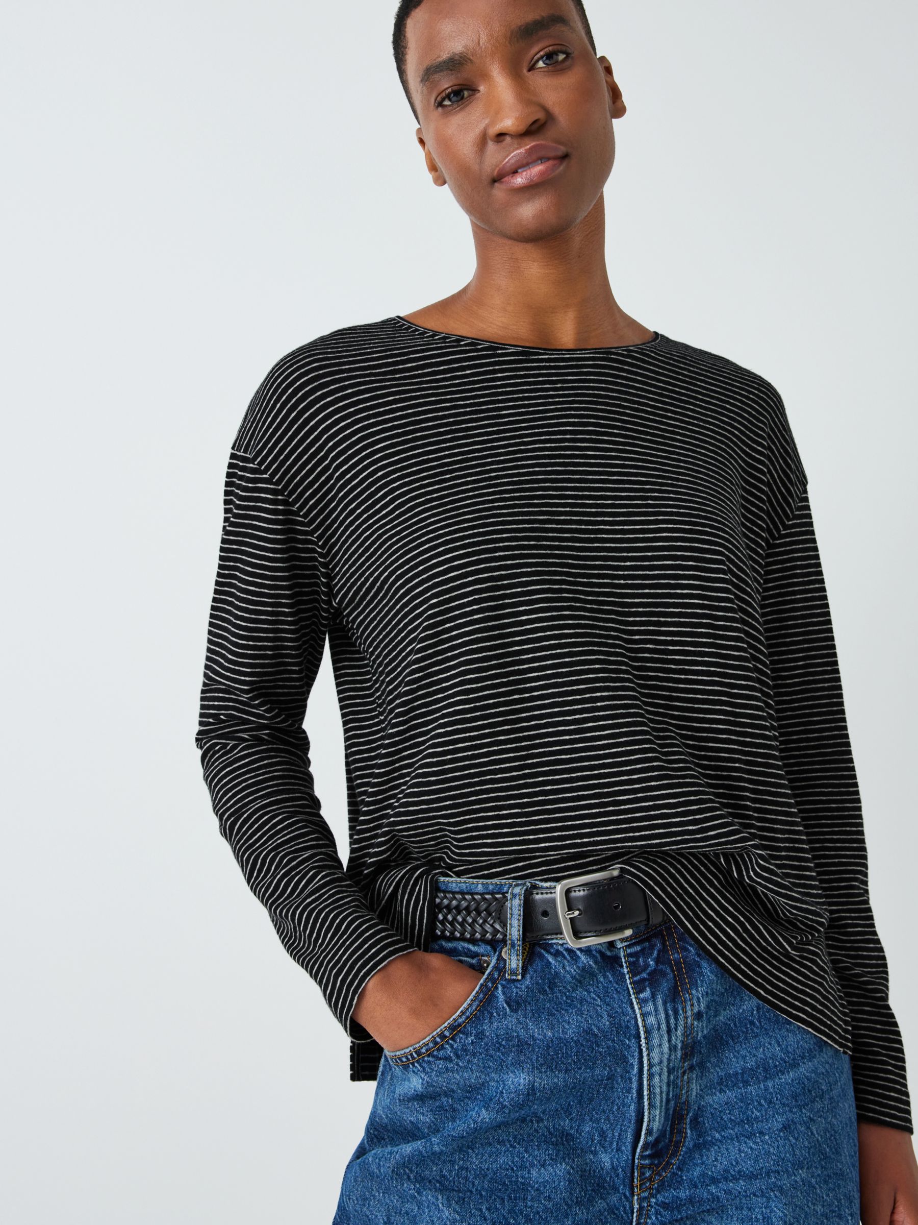 John Lewis Cotton Linen Relaxed Fit Stripe Long Sleeve T-Shirt, Black/Natural, 10