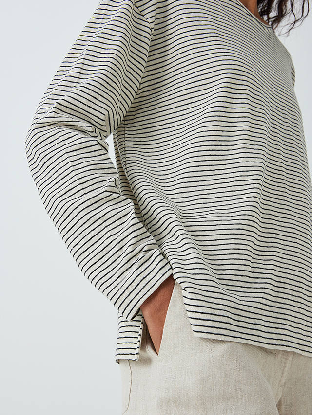 John Lewis Cotton Linen Relaxed Fit Stripe Long Sleeve T-Shirt, Ecru/Black