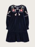 Monsoon Kids' Boutique Boho Floral Embroidered Velvet Party Dress, Navy