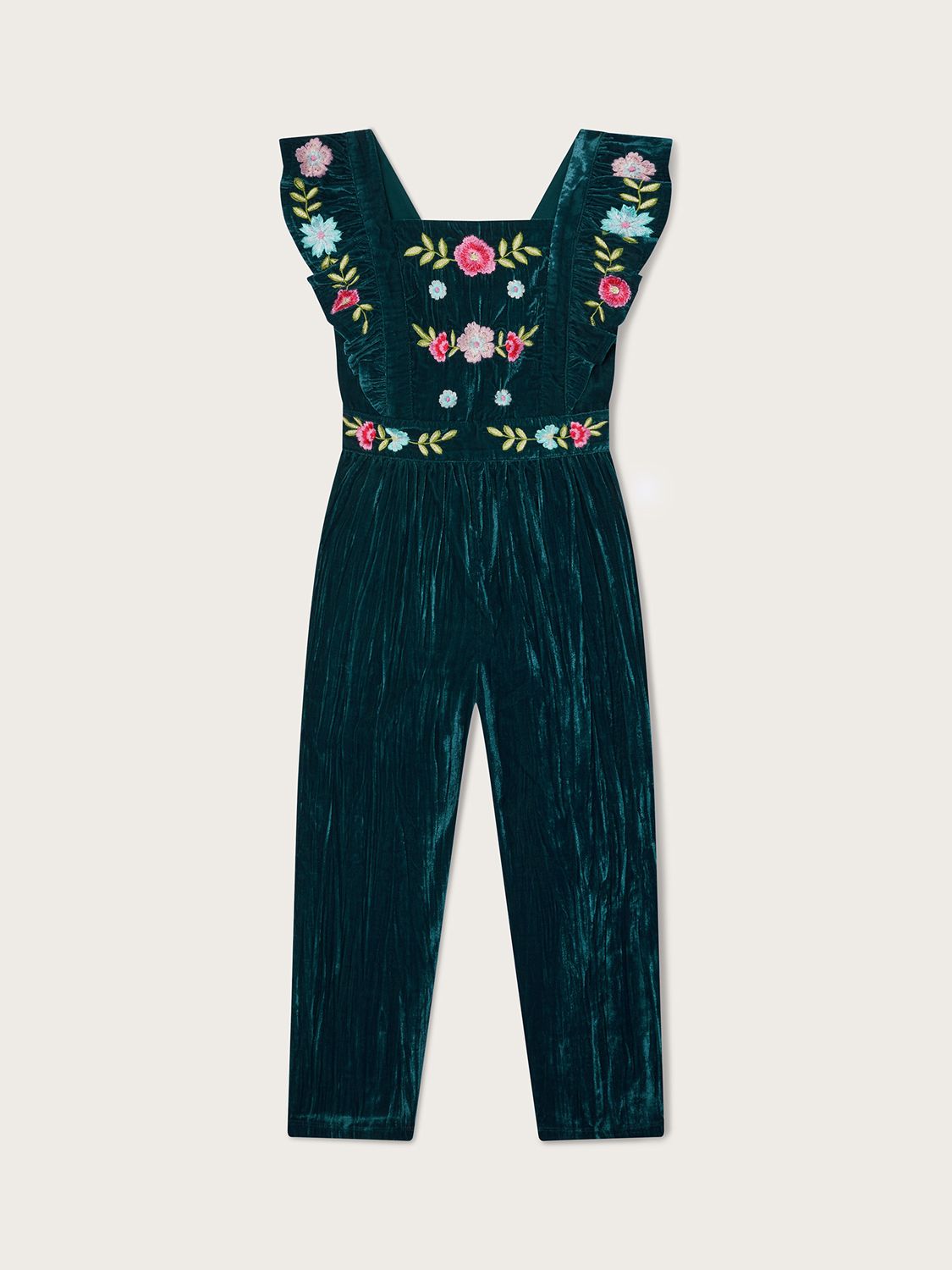 Monsoon Kids' Boutique Floral Embroidered Dungarees, Teal, 9-10 years