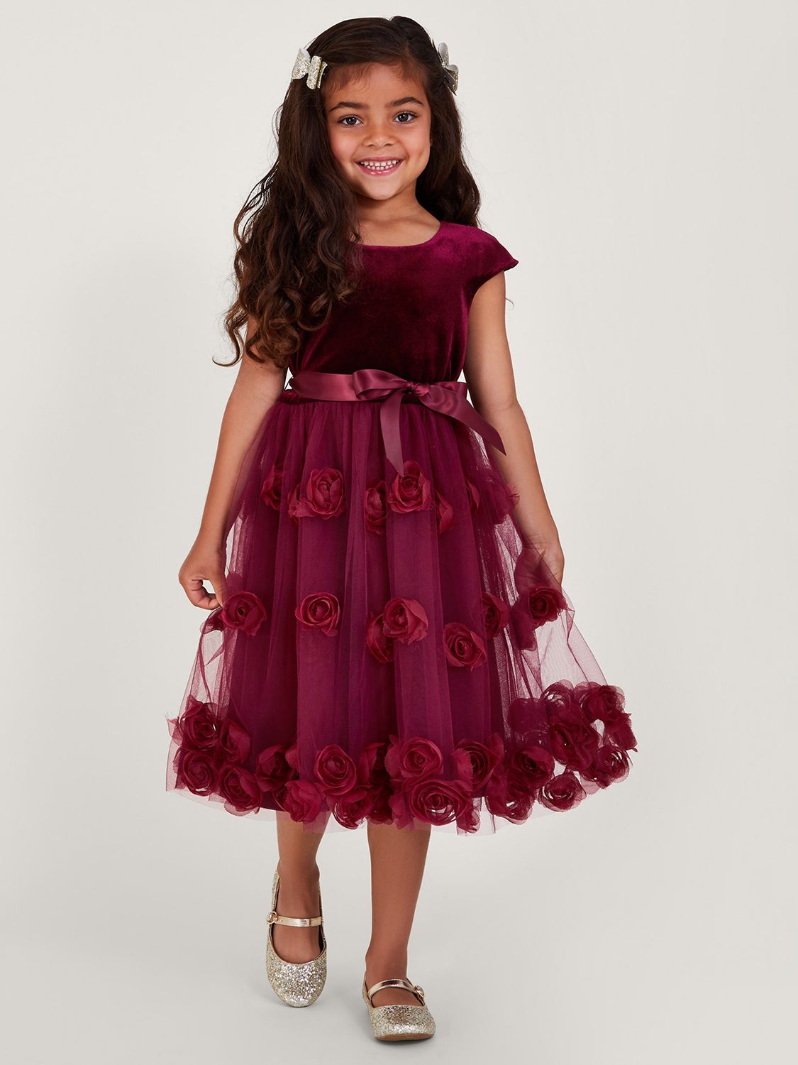 Monsoon Kids' Ottilie 3D Rose Dress, Burgundy, 3 years