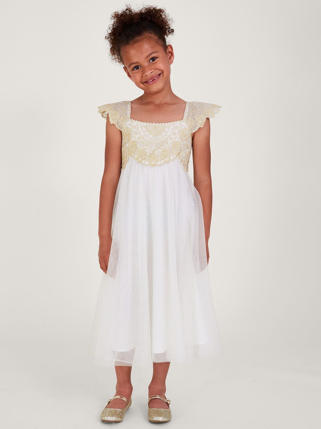 Monsoon Kids' Estella Lace Embroidered Glitter Party Dress, Gold, 3 years