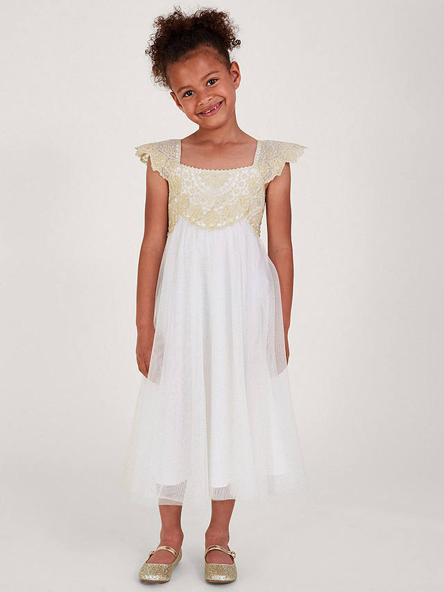 Monsoon Kids' Estella Lace Embroidered Glitter Party Dress, Gold