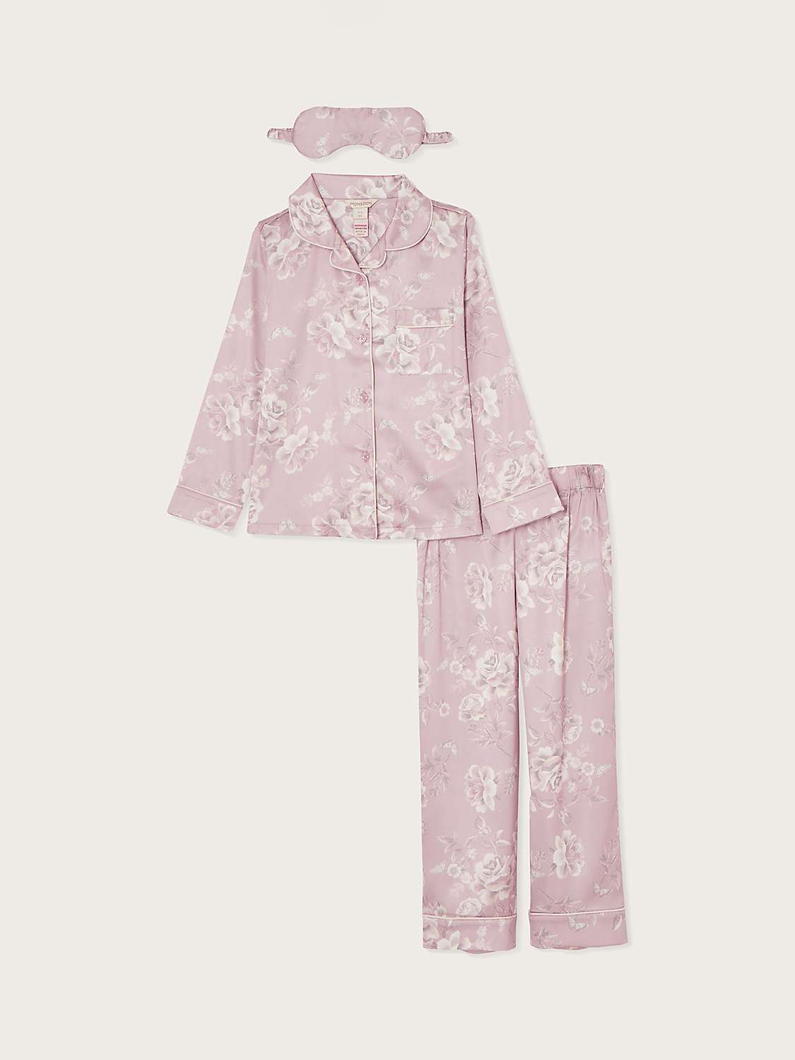 Buy Monsoon Kids' Roses Satin Pyjamas & Mask Set, Pink Online at johnlewis.com